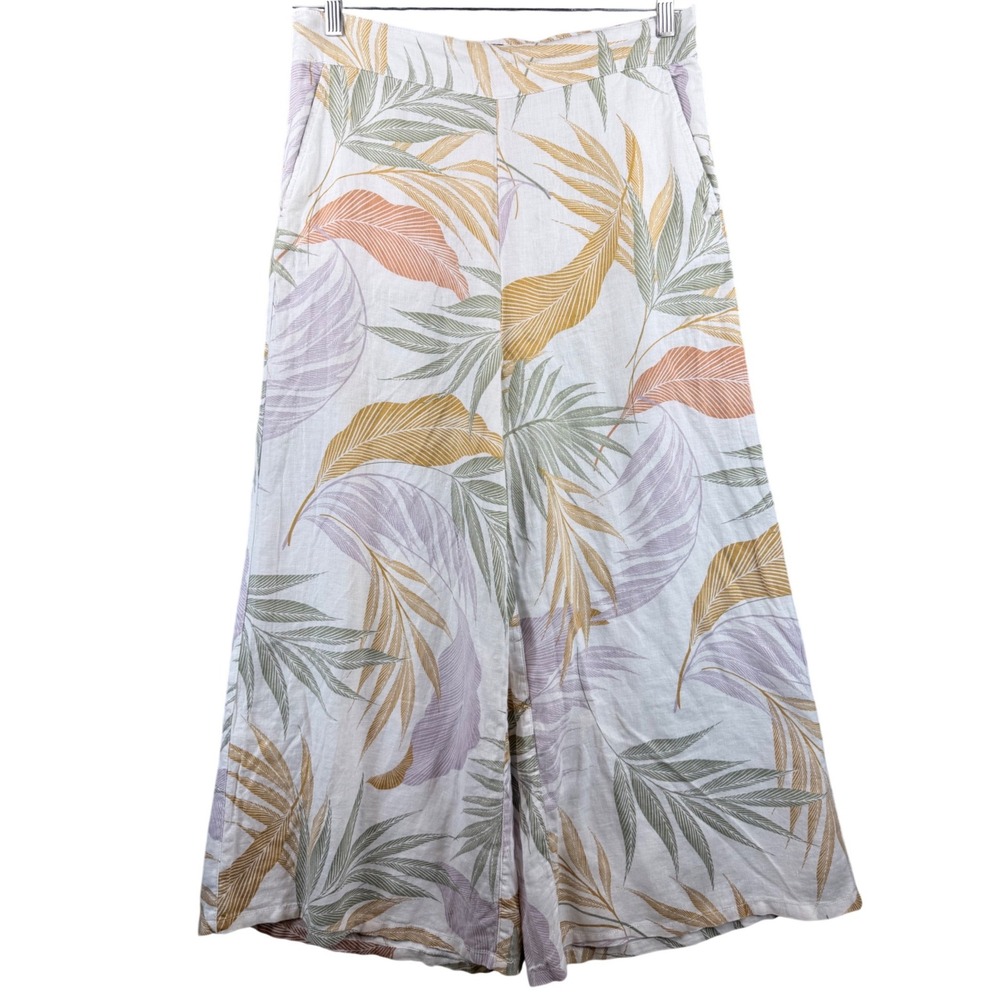 Tahari Essentials Women Large Linen Wide Leg Pants Tropical Leaf Print High Rise